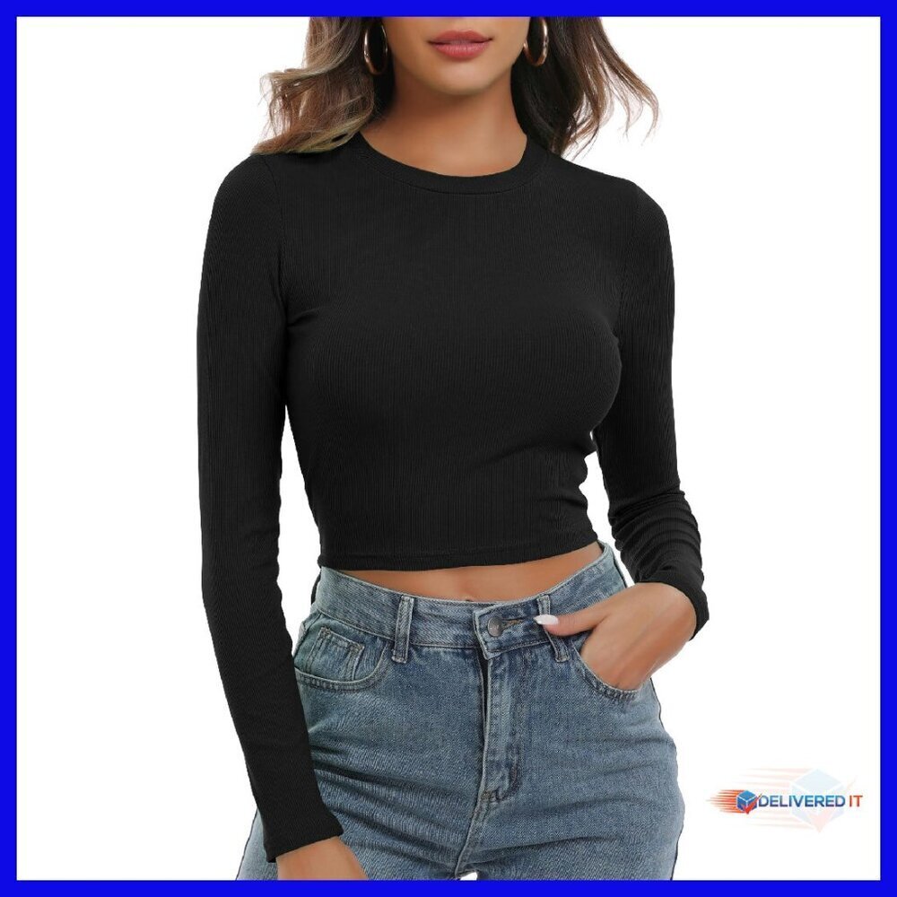 Long Sleeve Ribbed Crop Top Slim Fit Stretchy Knit Basic Tee